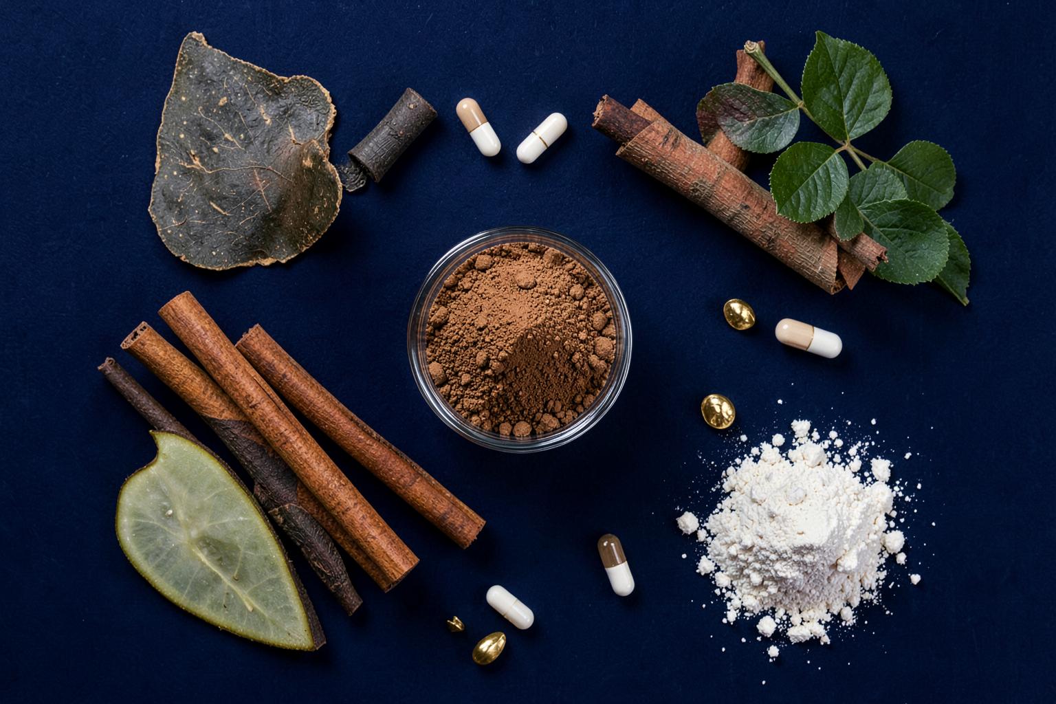 Natural ingredients in MetaGlucent: cinnamon sticks, herbal powders, capsules and botanicals on a navy background